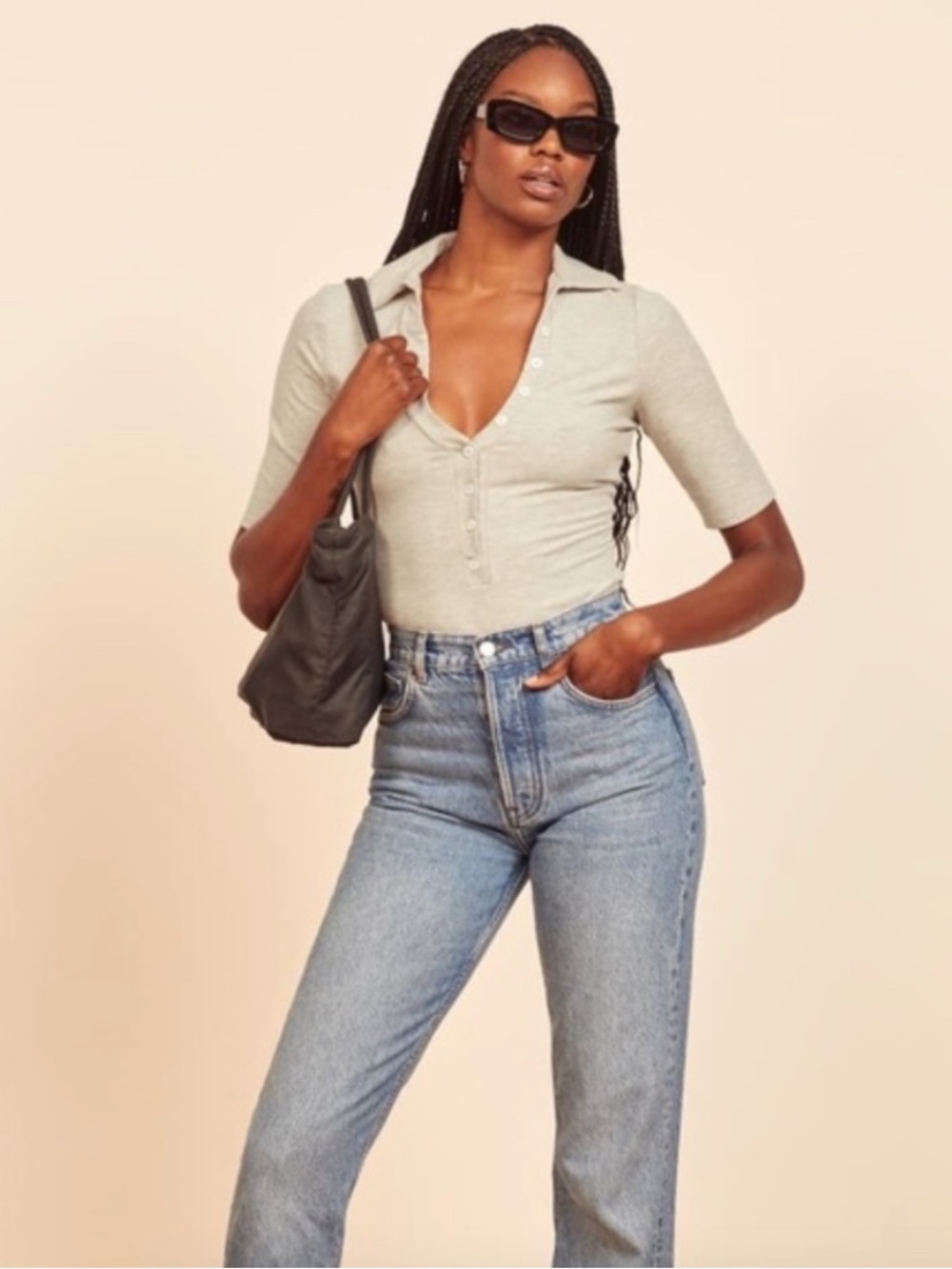 Reformation Taupe Ribbed Button-Down Polo Bodysuit